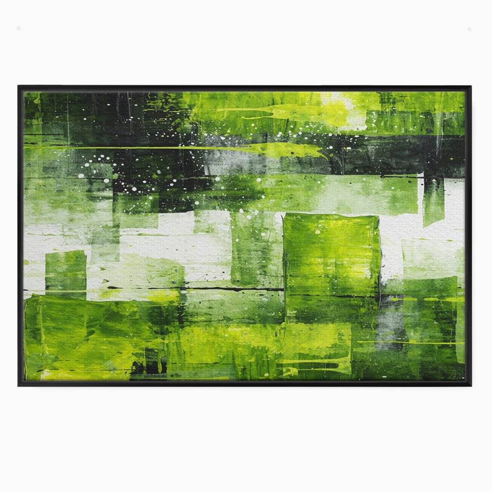 Tablou canvas cu pictura abstracta cu straturi verzi, in rama de aluminiu negru